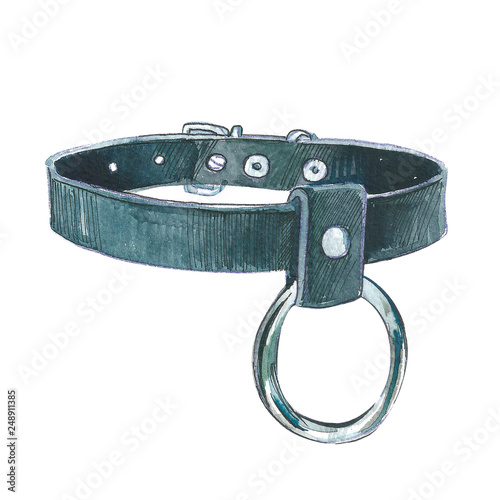 Leather fetish collar, fetish stuff for role playing and bdsm watercolor Illustration on a white background
