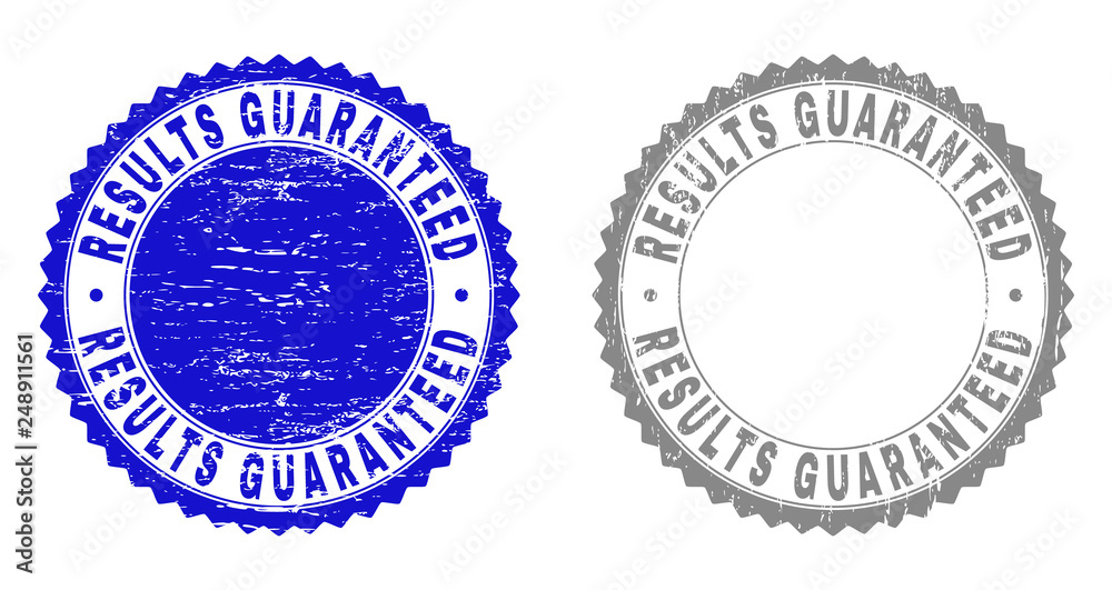 Obraz premium Grunge RESULTS GUARANTEED stamp seals isolated on a white background. Rosette seals with grunge texture in blue and grey colors.