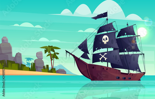 Obraz na plátně Vector cartoon pirate ship on water, sand beach of the bay