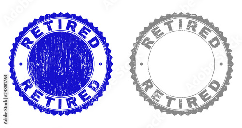 Grunge RETIRED stamp seals isolated on a white background. Rosette seals with distress texture in blue and gray colors. Vector rubber stamp imitation of RETIRED tag inside round rosette.