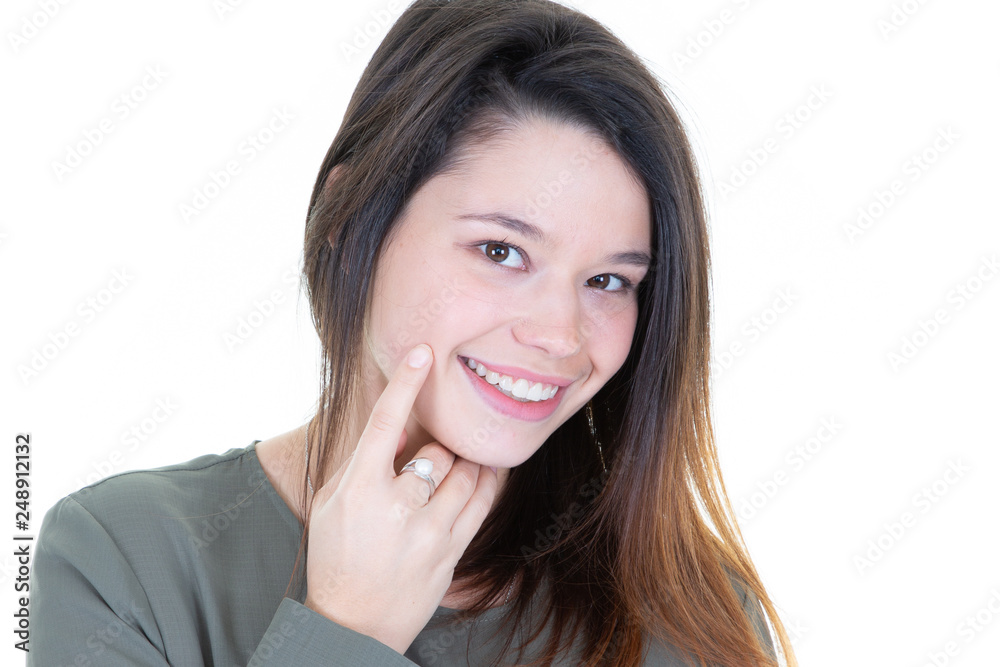 Portrait of beautiful cute woman girl hand touch cheek and smile attractive, face on white background Portrait of beautiful cute woman girl hand touch cheek and smile attractive, face on white background