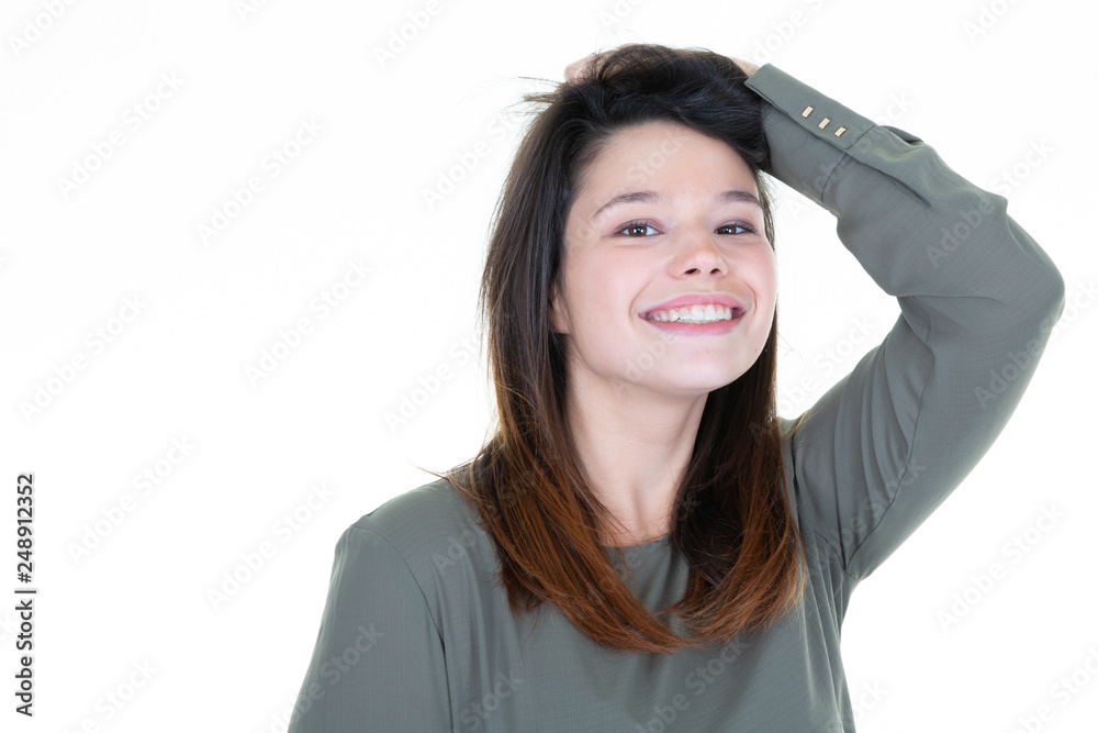 Portrait of happy smiling young beautiful woman, isolated over white background. Looking at camera free copy space for text Portrait of happy smiling young beautiful woman, isolated over white background. Looking at camera free copy space for text