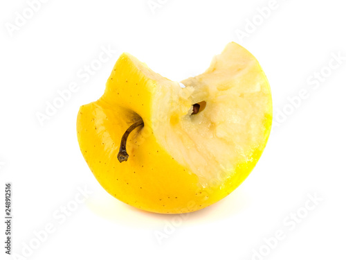 bitten yellow apple fruit on white background