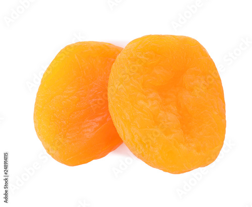 Tasty apricots on white background, top view. Dried fruit as healthy food