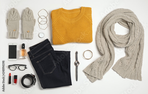 Set of stylish clothes and accessories on white background, flat lay