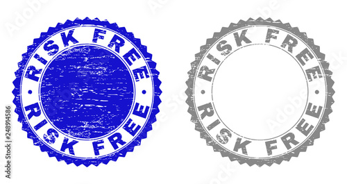 Grunge RISK FREE stamp seals isolated on a white background. Rosette seals with grunge texture in blue and gray colors. Vector rubber stamp imitation of RISK FREE caption inside round rosette.