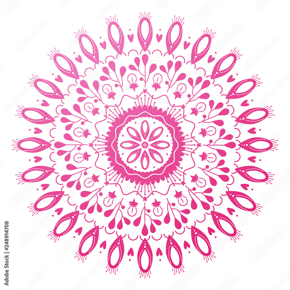 Folk gradient mandala on white background. Abstract pink tender flower