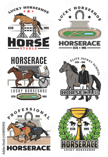 Equestrian sport, horserace, jockey school icons