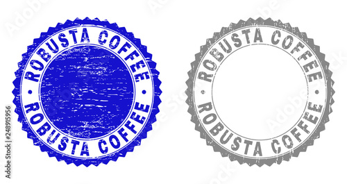 Grunge ROBUSTA COFFEE stamp seals isolated on a white background. Rosette seals with grunge texture in blue and grey colors. Vector rubber stamp imprint of ROBUSTA COFFEE tag inside round rosette.