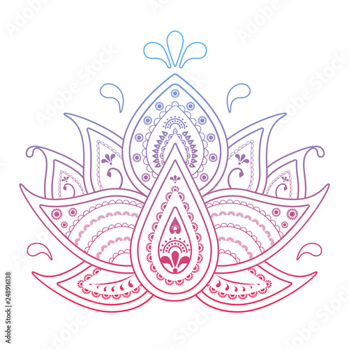 Water lily paisley style vector. Colorful gradient lotus on white background.