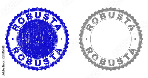 Grunge ROBUSTA stamp seals isolated on a white background. Rosette seals with grunge texture in blue and grey colors. Vector rubber stamp imitation of ROBUSTA tag inside round rosette.