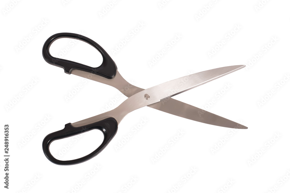 Scissors with black handle, isolated, on white background Scissors with black handle, isolated, on white background
