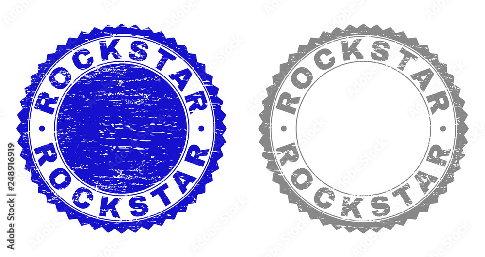 Obraz premium Grunge ROCKSTAR stamps isolated on a white background. Rosette seals with grunge texture in blue and gray colors. Vector rubber stamp imitation of ROCKSTAR label inside round rosette.