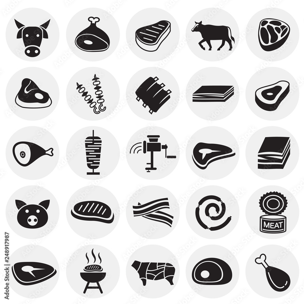Meat icons set on circles background for graphic and web design, Modern simple vector sign. Internet concept. Trendy symbol for website design web button or mobile app
