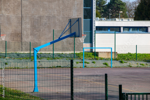 outdoor sports ground, fenced, asphalted, close-up, basketball