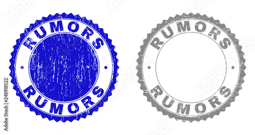 Grunge RUMORS stamp seals isolated on a white background. Rosette seals with grunge texture in blue and gray colors. Vector rubber stamp imitation of RUMORS text inside round rosette.