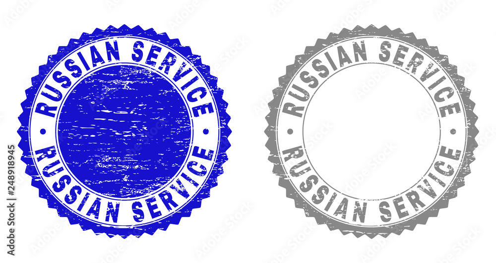 Grunge RUSSIAN SERVICE stamp seals isolated on a white background. Rosette seals with grunge texture in blue and grey colors. Vector rubber stamp imprint of RUSSIAN SERVICE label inside round rosette.