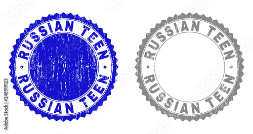 Grunge RUSSIAN TEEN stamp seals isolated on a white background. Rosette seals with grunge texture in blue and grey colors. Vector rubber stamp imitation of RUSSIAN TEEN text inside round rosette.