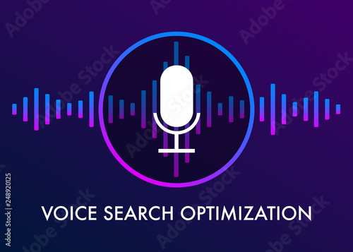 Voice search optimization flat vector illustration, banner for site and microphone icon. Search by Voice technology for marketing and sound wave on the dark gradient background