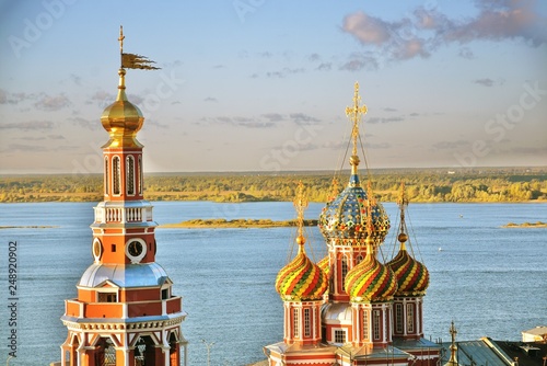 Architecture and nature of Nizhny Novgorod, Russia. Nativity (Stroganoff's) Church, also known as the Cathedral of the Blessed Virgin Mary. Popular touristic city situated on the Volga river. photo