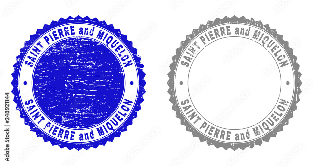Grunge SAINT PIERRE AND MIQUELON stamp seals isolated on a white background. Rosette seals with grunge texture in blue and grey colors. Grunge SAINT PIERRE AND MIQUELON stamp seals isolated on a white background. Rosette seals with grunge texture in blue and grey colors.