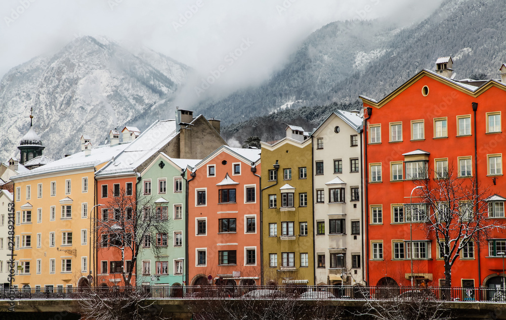 Colorful houses on bank of the river Inn in Innsbruck, Austria.
