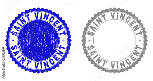 Grunge SAINT VINCENT stamp seals isolated on a white background. Rosette seals with grunge texture in blue and gray colors. Vector rubber stamp imprint of SAINT VINCENT label inside round rosette. photo
