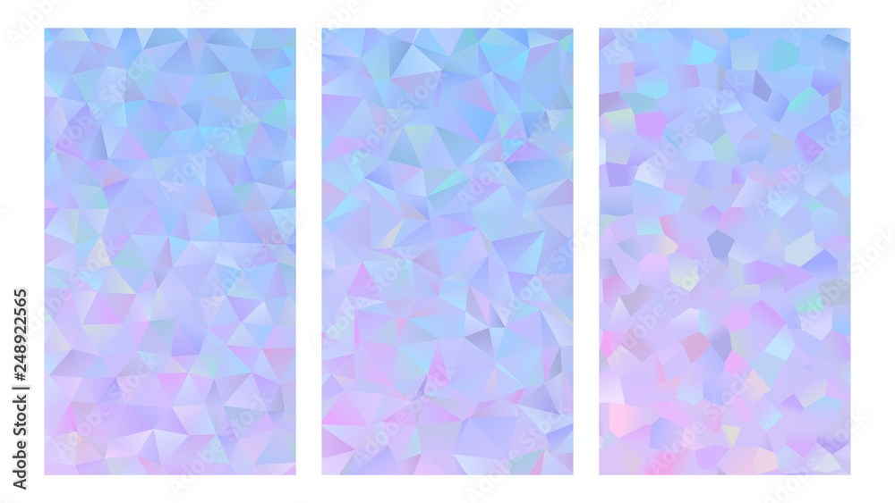 Vector INSTA Story Template Backgrounds. Holographic Gradient Polygonal Design. Crystal Facets Low Poly Textures. Abstract Sparkling Blue to Pink Ombre Mobile App UI Screen Backdrop. 9:16 Aspect Ratio