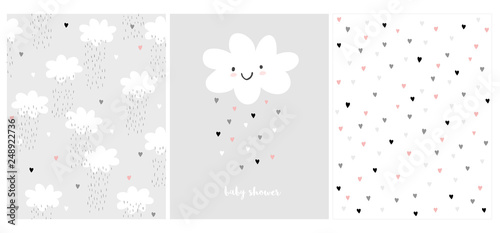 Cute Simple Baby Shower Vector Card and 2 Patterns.White Fluffy Smiling Cloud on a Light Gray Background.Rain of Hearts. White Baby Shower.Pink, White and Gray Design.Heart Pattern.Clouds and Rain Art
