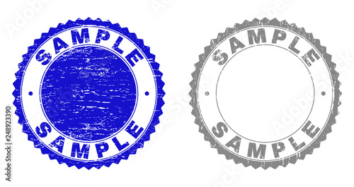 Grunge SAMPLE stamp seals isolated on a white background. Rosette seals with distress texture in blue and grey colors. Vector rubber watermark of SAMPLE text inside round rosette.