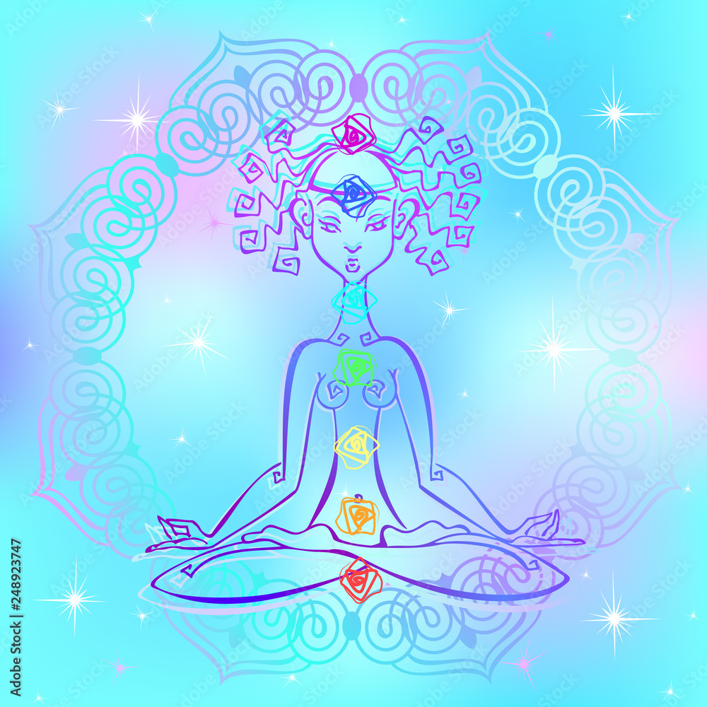 Girl in the Lotus position and chakras of man. Reiki energy. Vector. Girl in the Lotus position and chakras of man. Reiki energy. Vector.