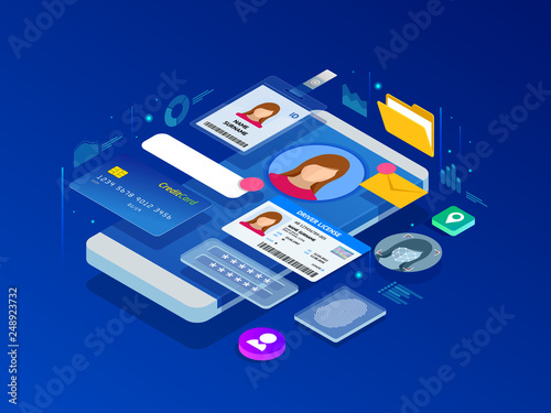 Isometric Personal Data Information App, Identity Private Concept. Digital data Secure Banner. Biometrics technology vector illustration for personal identity recognition and access authentication.