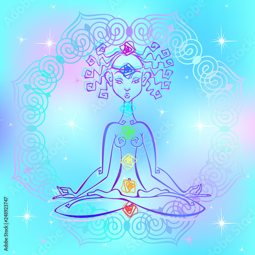 Girl in the Lotus position and chakras of man. Reiki energy. Vector.