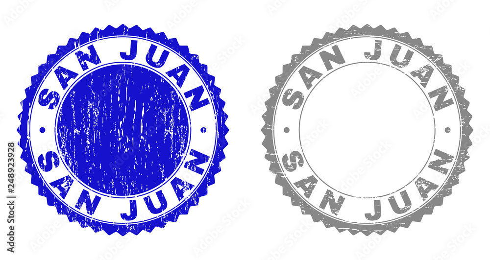Grunge SAN JUAN stamp seals isolated on a white background. Rosette seals with grunge texture in blue and grey colors. Vector rubber stamp imitation of SAN JUAN label inside round rosette.
