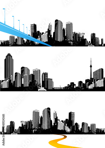 Set of black and white panorama cities. Vector art