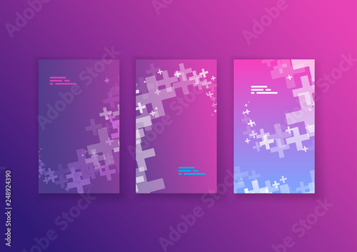 Set of abstract colorful web banners with white transparent plus signs.