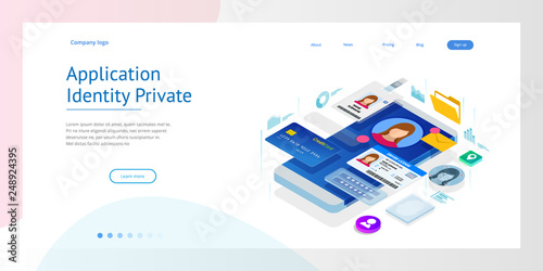 Isometric Personal Data Information App, Identity Private Concept. Digital data Secure Banner. Biometrics technology vector illustration for personal identity recognition and access authentication.