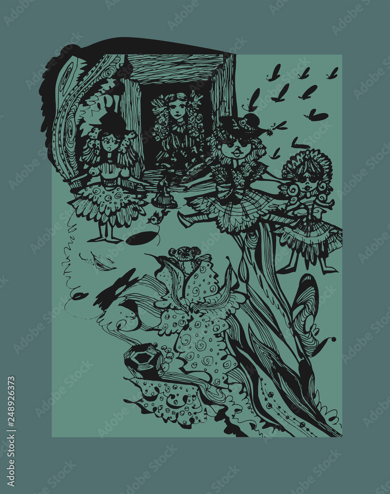 Fototapeta premium Graphic abstract illustration with a window, a doll and butterflies. hand drawn vector illustration of different textures