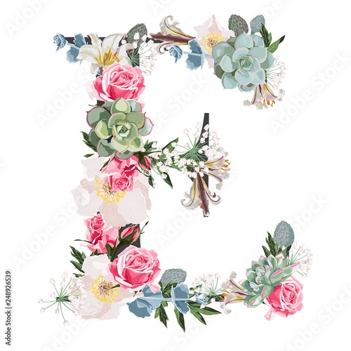 Watercolor style Floral Monogram Letter E with many kind of flowers and succulent. Isolated White Background. 
