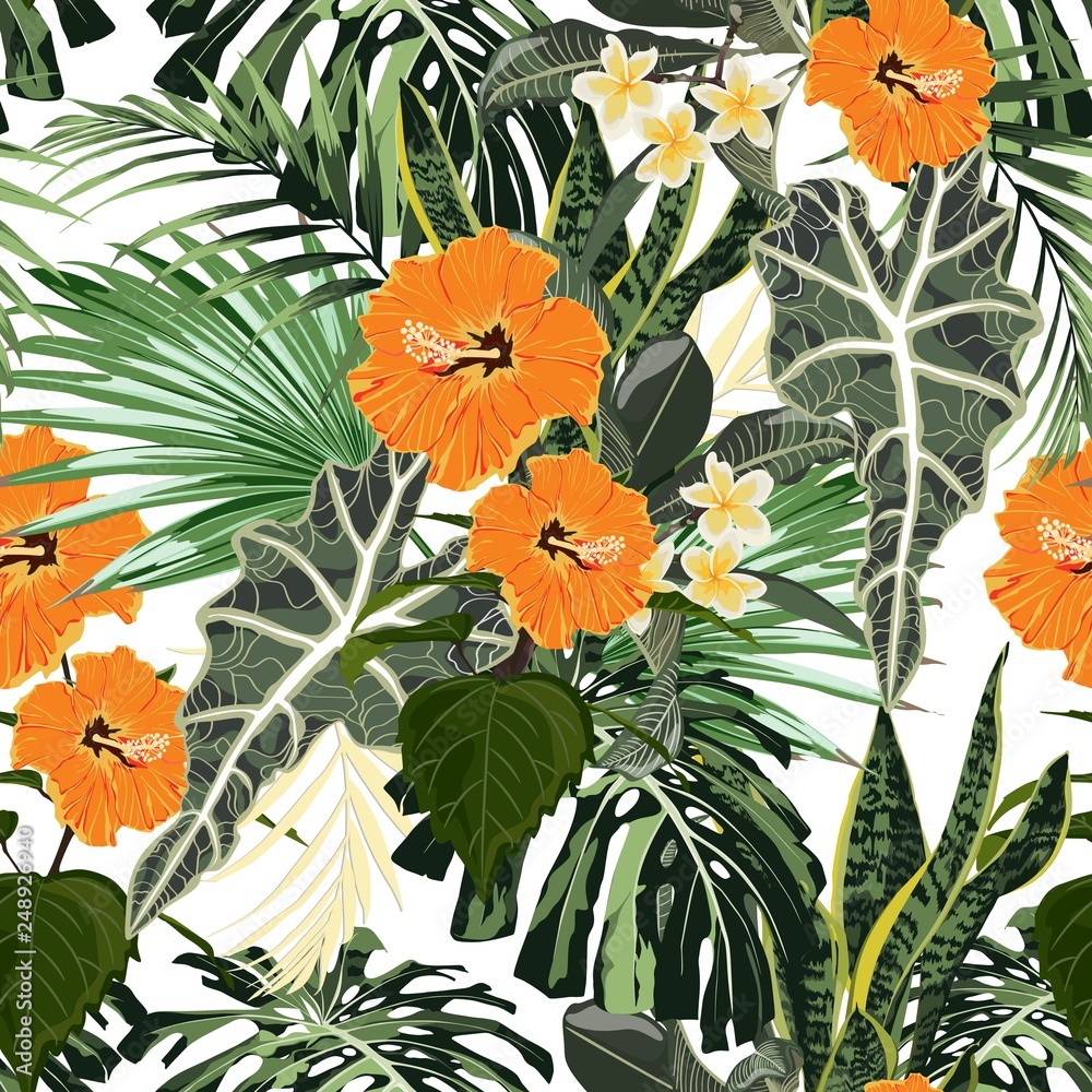 Naklejka premium Floral fashion tropic wallpaper with palm leaves and exotic plants. Orange hand drawn hibiscus flower, on white background. Print hawaii jungle seamless pattern.