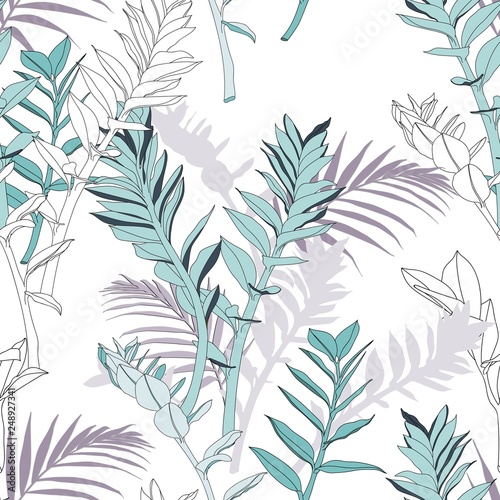 Seamless tropical pattern, vivid tropic foliage, with abstract exotic mint violet leaves. Vintage white background.