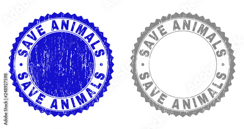Grunge SAVE ANIMALS stamp seals isolated on a white background. Rosette seals with grunge texture in blue and gray colors. Vector rubber watermark of SAVE ANIMALS tag inside round rosette.