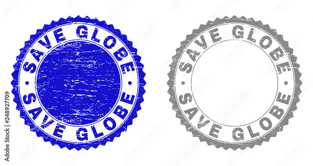 Obraz premium Grunge SAVE GLOBE stamp seals isolated on a white background. Rosette seals with grunge texture in blue and grey colors. Vector rubber watermark of SAVE GLOBE text inside round rosette.