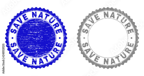 Grunge SAVE NATURE stamp seals isolated on a white background. Rosette seals with grunge texture in blue and grey colors. Vector rubber stamp imitation of SAVE NATURE caption inside round rosette.