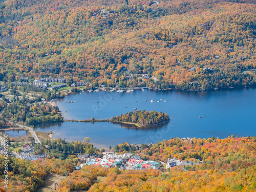 Aerial view of Mont-Tremblant National Park with Lake Tremblant in fall color