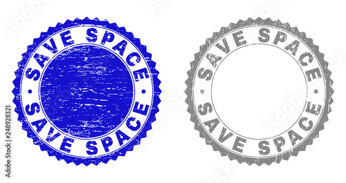 Grunge SAVE SPACE stamp seals isolated on a white background. Rosette seals with grunge texture in blue and gray colors. Vector rubber watermark of SAVE SPACE label inside round rosette.