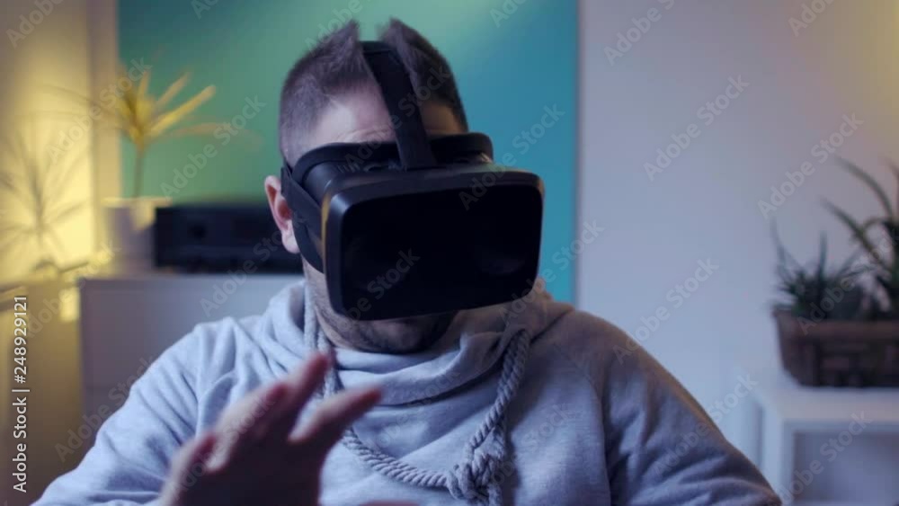 men in lazy bag enjoying vr at home virtual reality googles men in lazy bag enjoying vr at home virtual reality googles