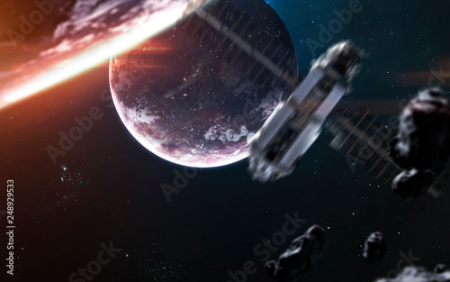 Deep space planets and spacecraft, awesome science fiction wallpaper, cosmic landscape. Elements of this image furnished by NASA