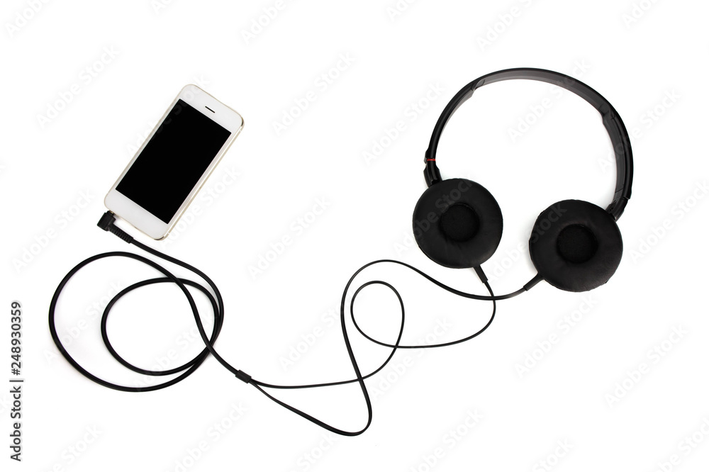 Black studio headphone and Smart phone isolated on white background. Black studio headphone and Smart phone isolated on white background.