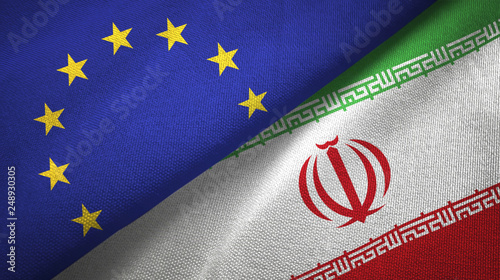 European Union and Iran two flags textile cloth, fabric texture